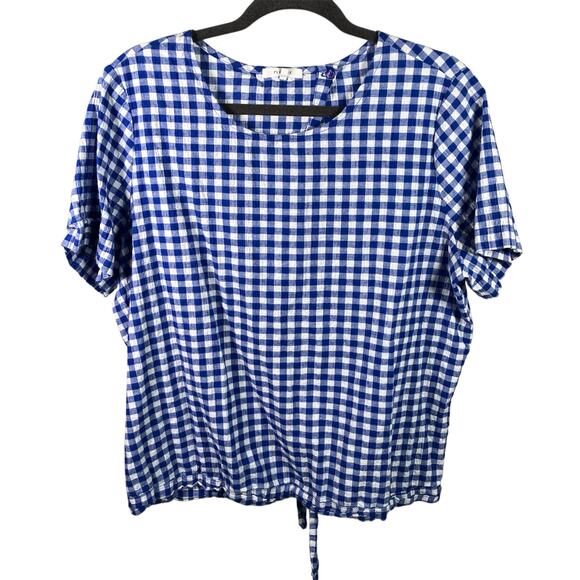 Pleione Blue White Gingham Tie Front Blouse XL Made in USA Cotton Spandex - Picture 1 of 13